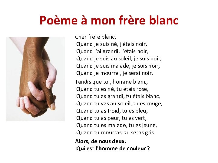 Poème à mon frère blanc Cher frère blanc, Quand je suis né, j'étais noir,