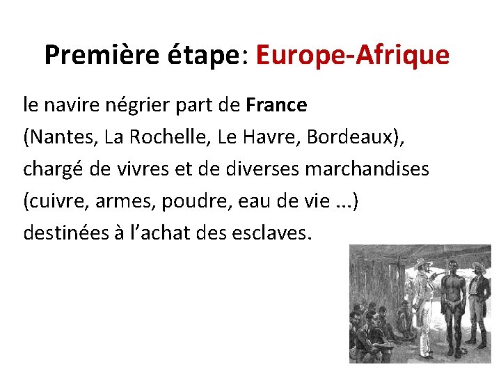 Première étape: Europe-Afrique le navire négrier part de France (Nantes, La Rochelle, Le Havre,