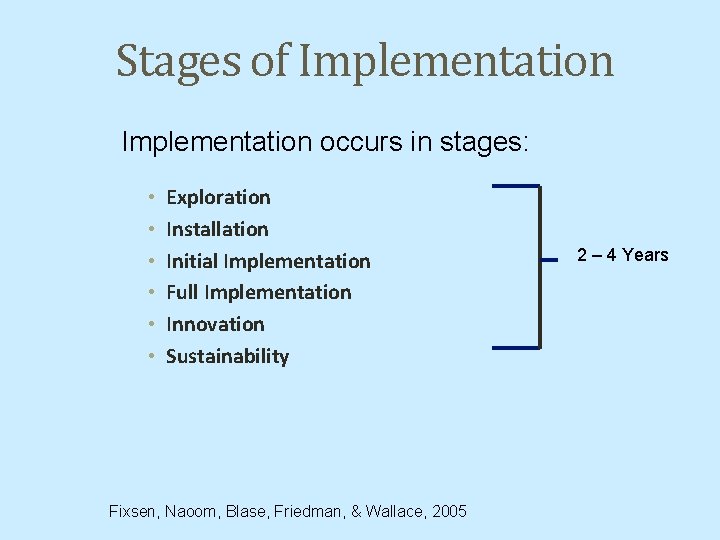 Stages of Implementation occurs in stages: • • • Exploration Installation Initial Implementation Full