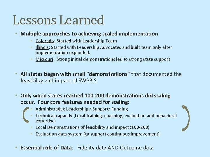 Lessons Learned • Multiple approaches to achieving scaled implementation • Colorado: Started with Leadership