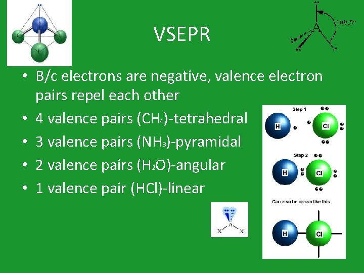 VSEPR • B/c electrons are negative, valence electron pairs repel each other • 4