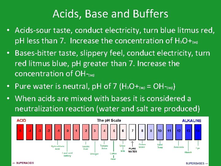Acids, Base and Buffers • Acids-sour taste, conduct electricity, turn blue litmus red, p.