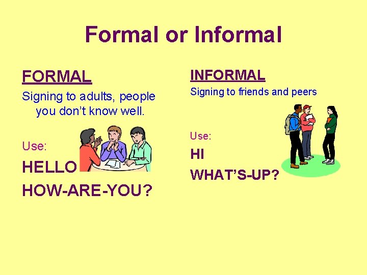Formal or Informal FORMAL INFORMAL Signing to adults, people you don’t know well. Signing
