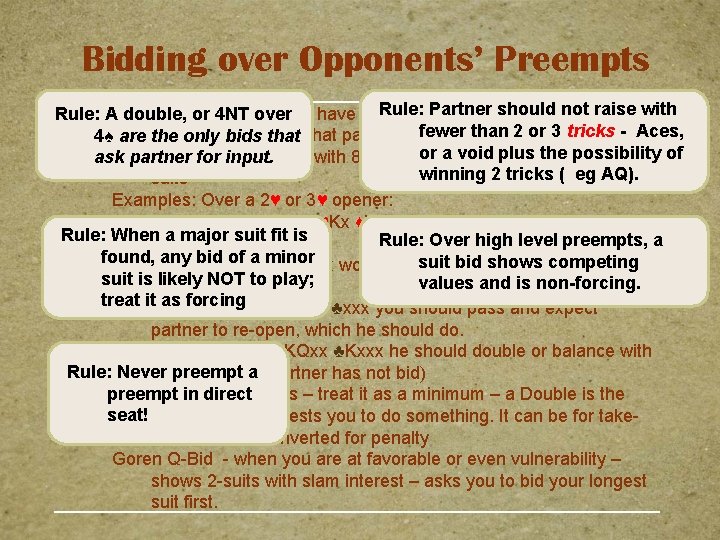 Bidding over Opponents’ Preempts Rule: that Partner should not playing raise with direct seat,