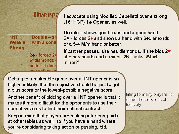 Overcalls of Opponents 1 NTover – a strong I advocate using Modified Capelletti (16+HCP)