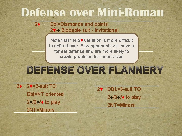 Defense over Mini-Roman 2♦ Dbl=Diamonds and points 2♥/♠ Biddable suit - invitational 2 NT