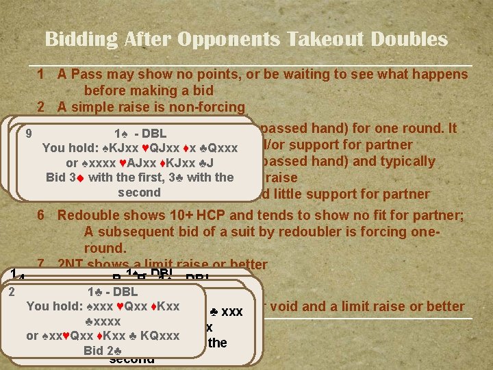 Bidding After Opponents Takeout Doubles 1 A Pass may show no points, or be