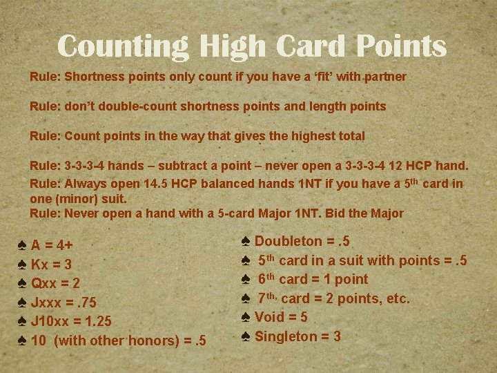 Counting High Card Points Rule: Shortness points only count if you have a ‘fit’