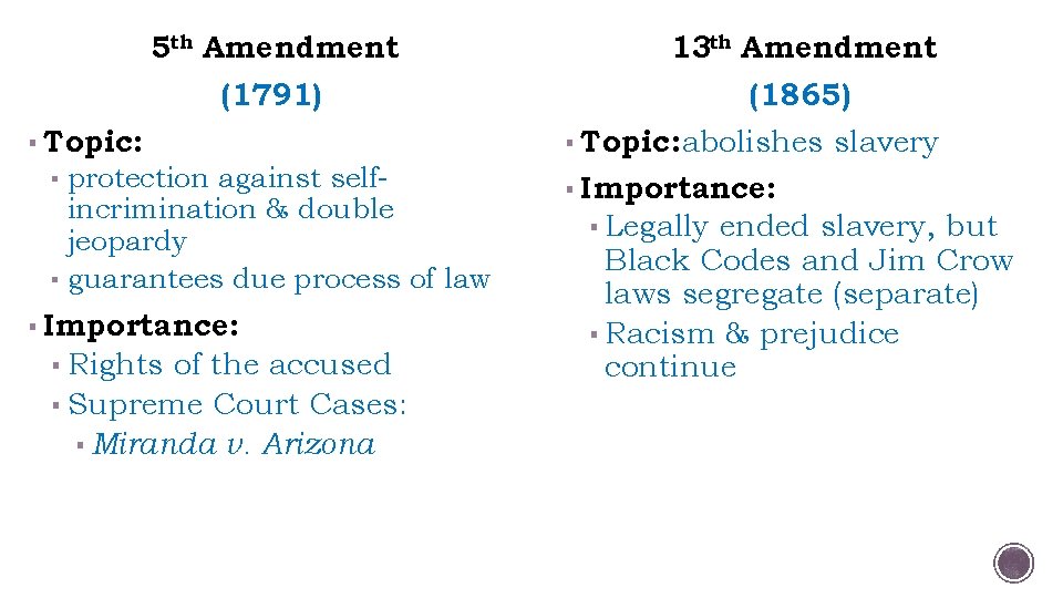 5 th Amendment 13 th Amendment (1791) (1865) ▪ Topic: ▪ protection against self-