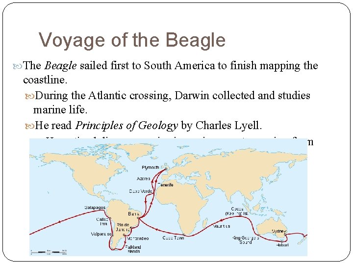 Voyage of the Beagle The Beagle sailed first to South America to finish mapping