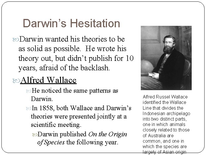 Darwin’s Hesitation Darwin wanted his theories to be as solid as possible. He wrote