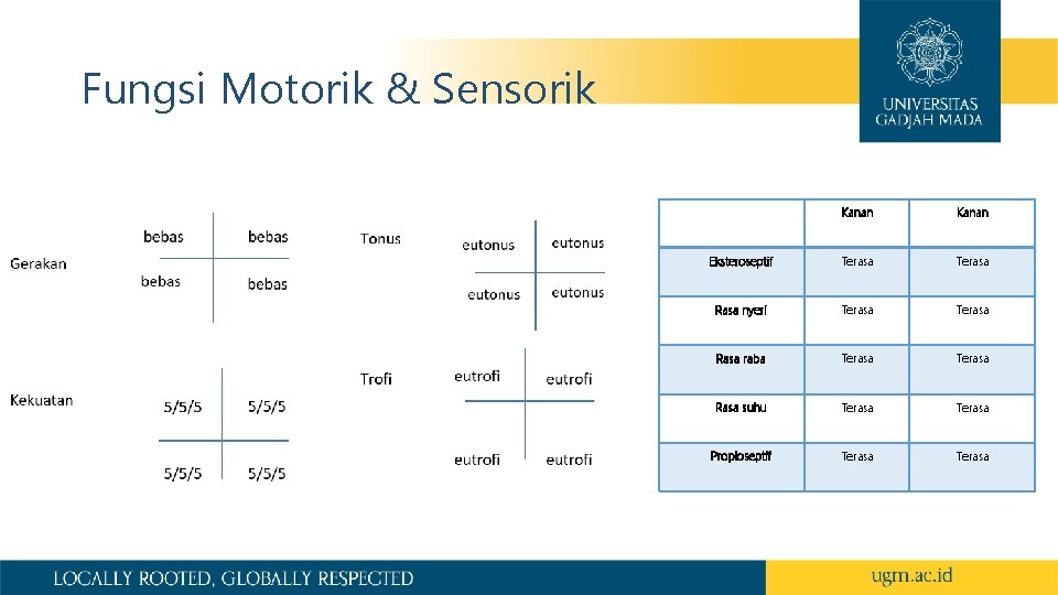 Fungsi Motorik & Sensorik Kanan Eksteroseptif Terasa Rasa nyeri Terasa Rasa raba Terasa Rasa