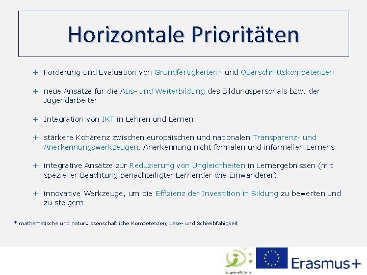 Horizontale Prioritäten + Förderung und Evaluation von Grundfertigkeiten* und Querschnittskompetenzen + neue Ansätze für