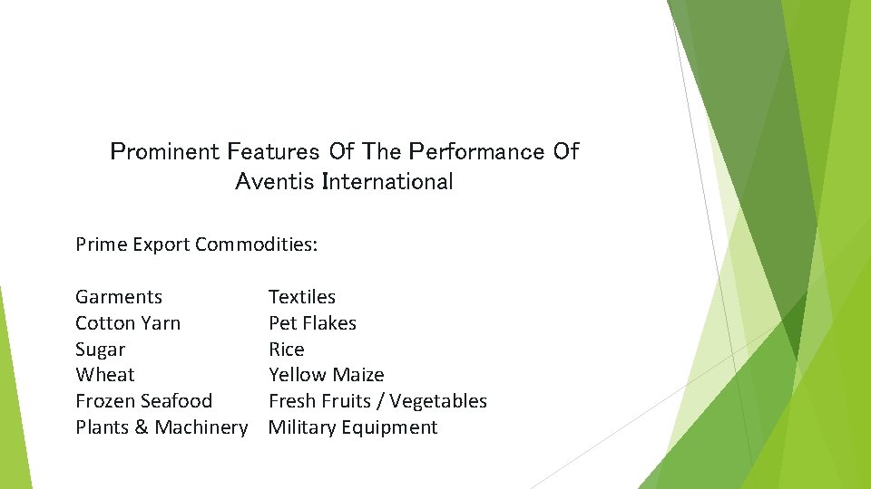 Prominent Features Of The Performance Of Aventis International Prime Export Commodities: Garments Cotton Yarn