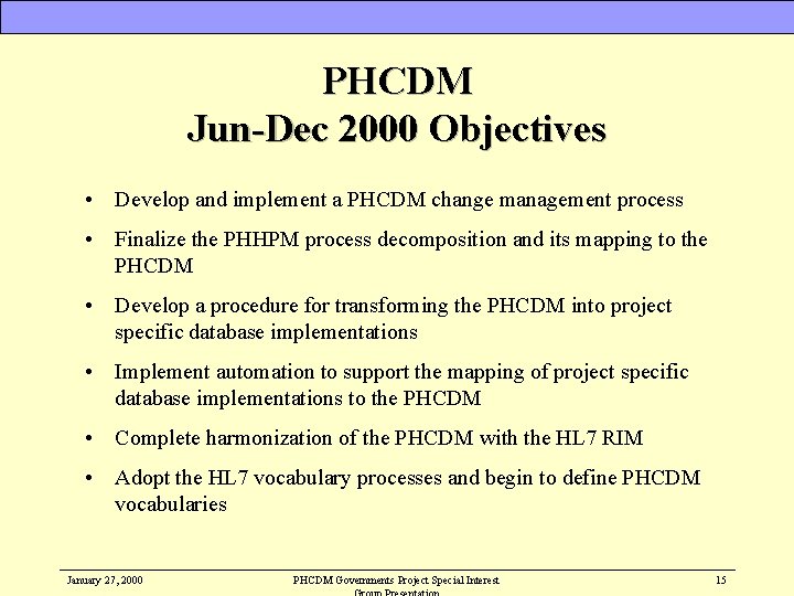 PHCDM Jun-Dec 2000 Objectives • Develop and implement a PHCDM change management process •