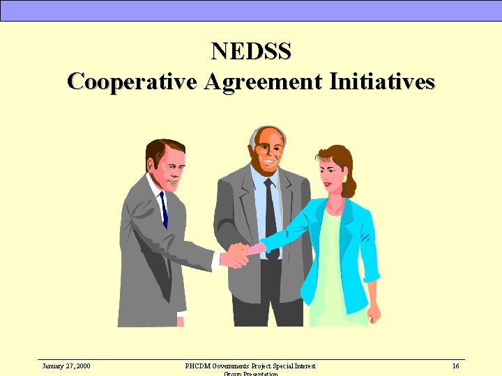 NEDSS Cooperative Agreement Initiatives January 27, 2000 PHCDM Governments Project Special Interest 16 