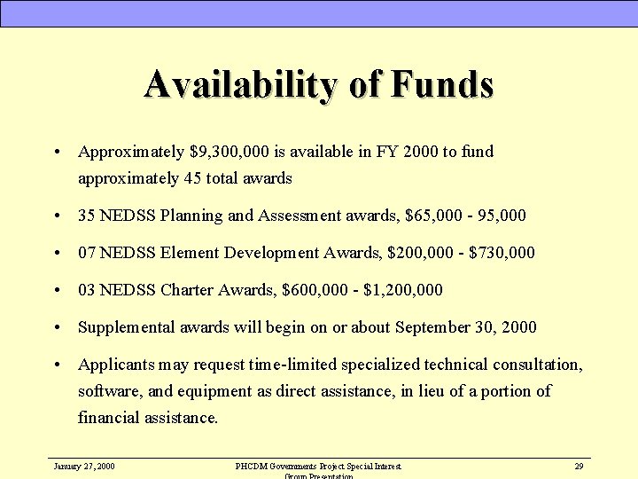 Availability of Funds • Approximately $9, 300, 000 is available in FY 2000 to