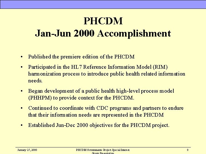 PHCDM Jan-Jun 2000 Accomplishment • Published the premiere edition of the PHCDM • Participated