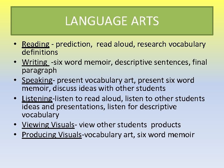 LANGUAGE ARTS • Reading - prediction, read aloud, research vocabulary definitions • Writing -six