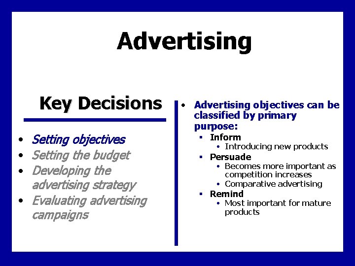 Advertising Key Decisions • Setting objectives • Setting the budget • Developing the advertising