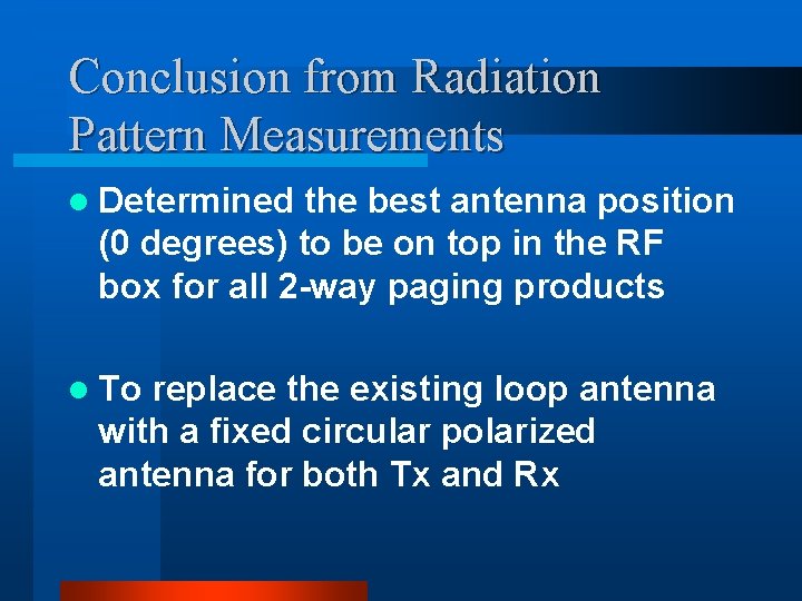 Conclusion from Radiation Pattern Measurements l Determined the best antenna position (0 degrees) to