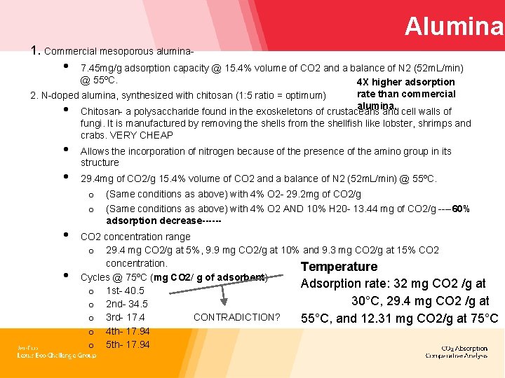 Alumina 1. Commercial mesoporous alumina- • 7. 45 mg/g adsorption capacity @ 15. 4%