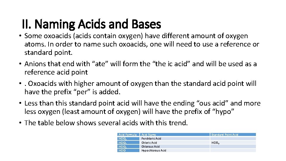 II. Naming Acids and Bases • Some oxoacids (acids contain oxygen) have different amount