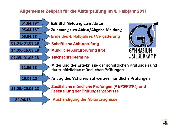 Allgemeiner Zeitplan für die Abiturprüfung im 4. Halbjahr 2017 04. 18* 5. /6. Std.