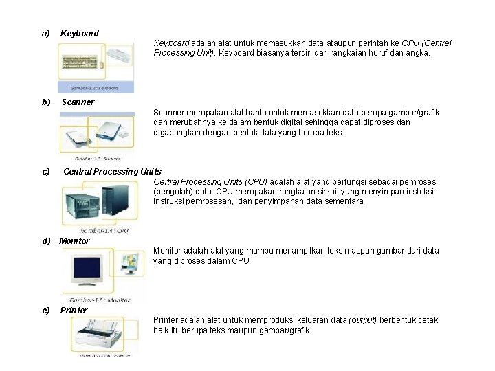 a) Keyboard adalah alat untuk memasukkan data ataupun perintah ke CPU (Central Processing Unit).