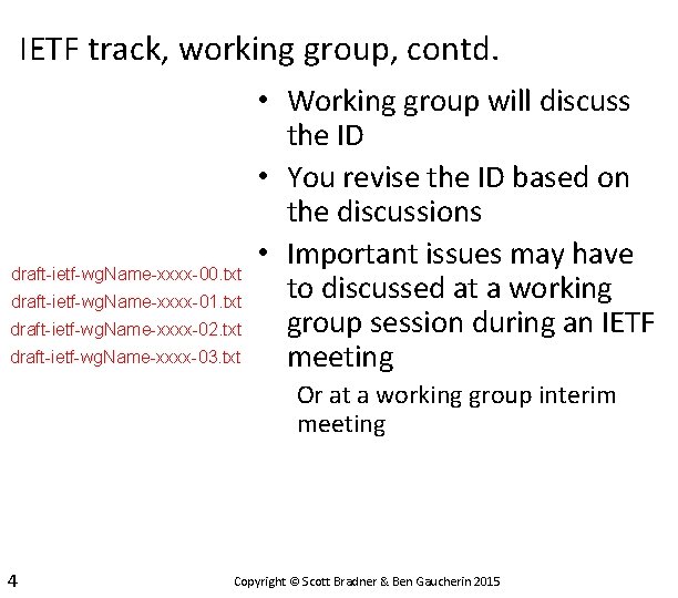 IETF track, working group, contd. draft-ietf-wg. Name-xxxx-00. txt draft-ietf-wg. Name-xxxx-01. txt draft-ietf-wg. Name-xxxx-02. txt