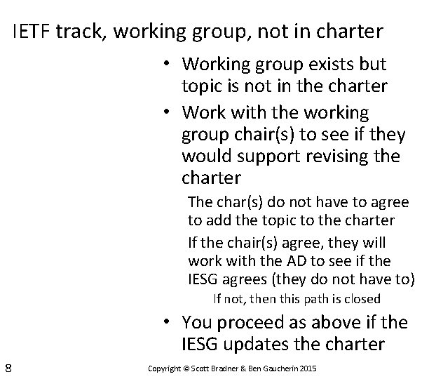 IETF track, working group, not in charter • Working group exists but topic is