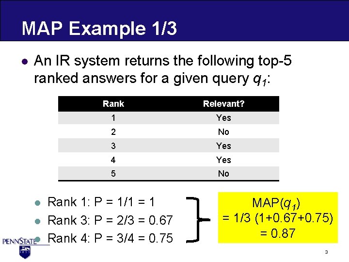 MAP Example 1/3 l An IR system returns the following top-5 ranked answers for