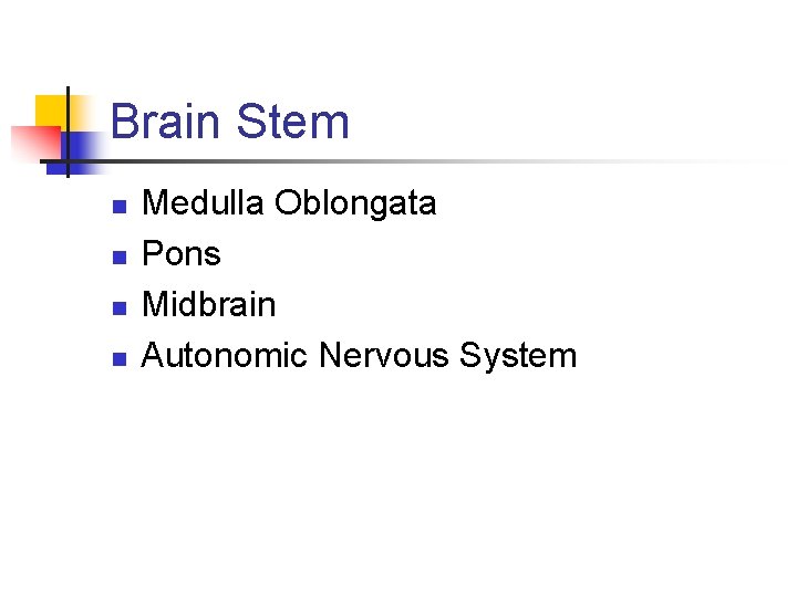 Brain Stem n n Medulla Oblongata Pons Midbrain Autonomic Nervous System 