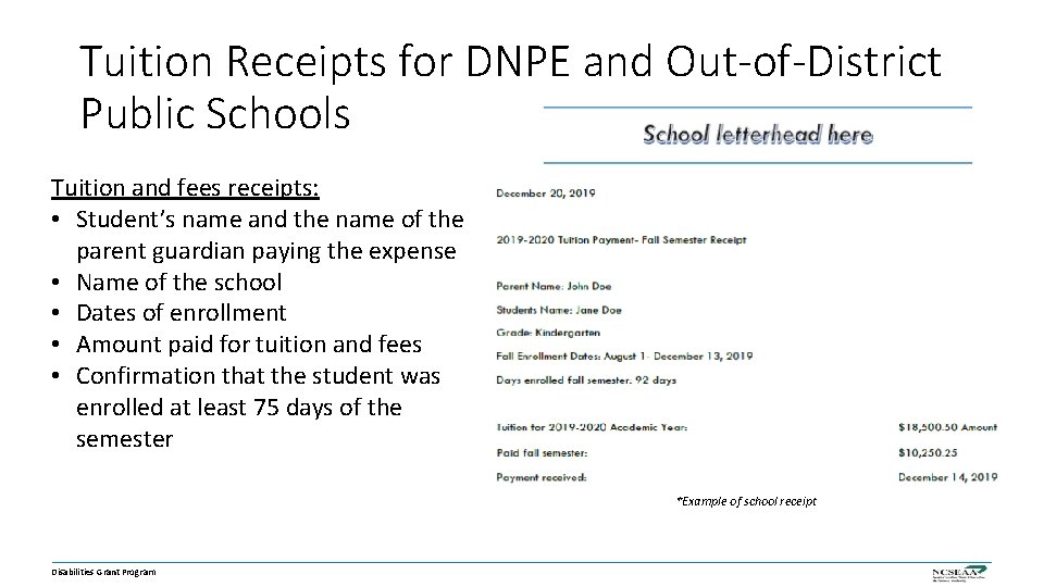 Tuition Receipts for DNPE and Out-of-District Public Schools Tuition and fees receipts: • Student’s