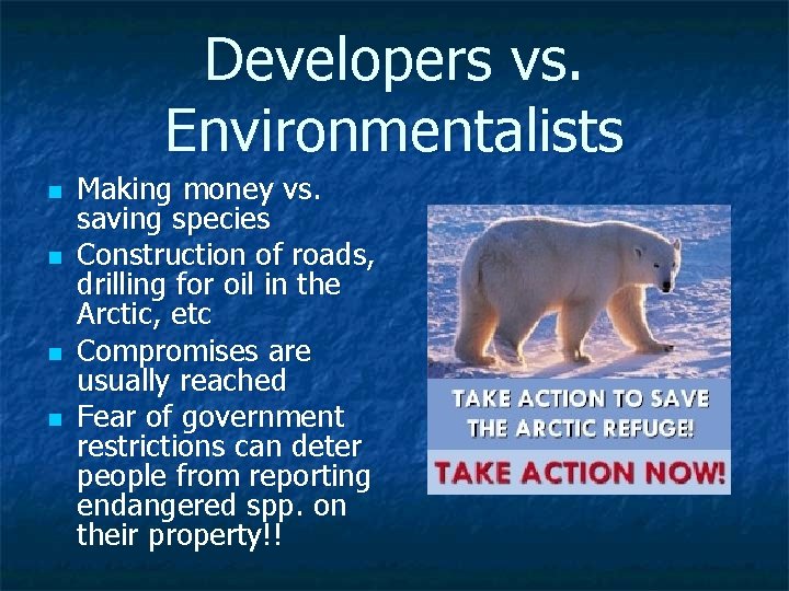 Developers vs. Environmentalists n n Making money vs. saving species Construction of roads, drilling