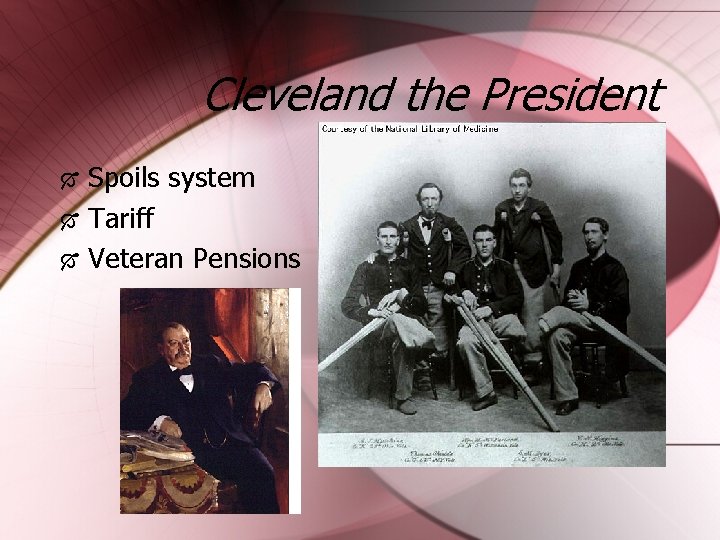 Cleveland the President Spoils system Tariff Veteran Pensions 