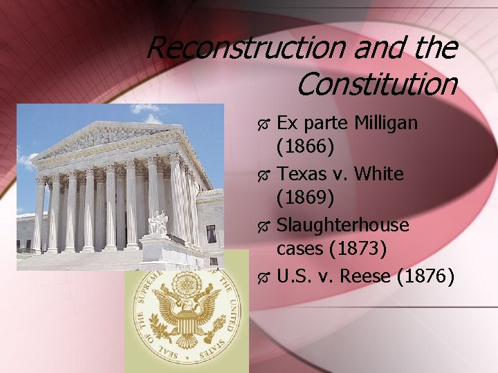 Reconstruction and the Constitution Ex parte Milligan (1866) Texas v. White (1869) Slaughterhouse cases