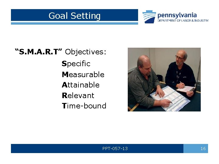Goal Setting “S. M. A. R. T” Objectives: Specific Measurable Attainable Relevant Time-bound PPT-057