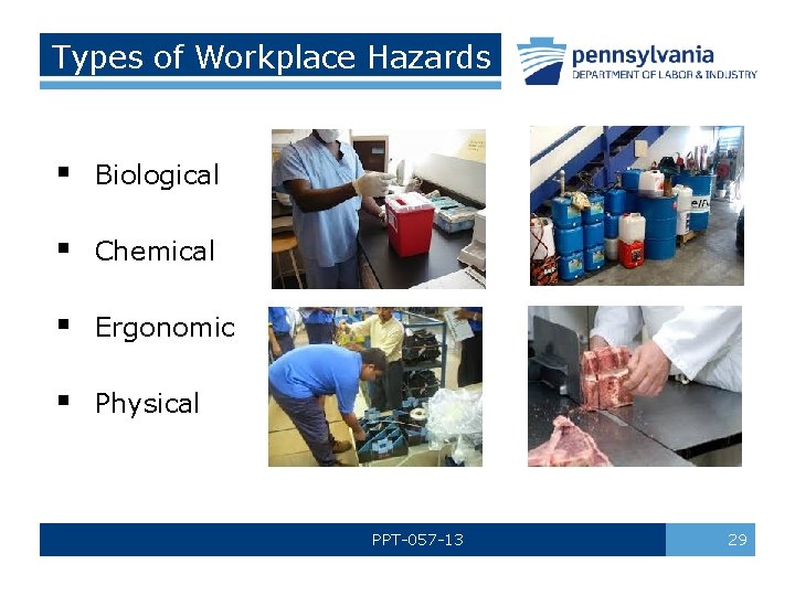 Types of Workplace Hazards § Biological § Chemical § Ergonomic § Physical PPT-057 -13