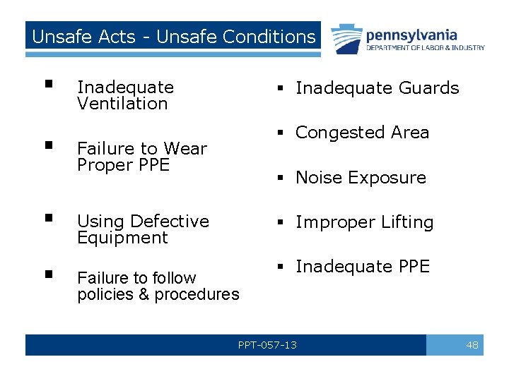Unsafe Acts - Unsafe Conditions § § Inadequate Ventilation § Inadequate Guards § Congested