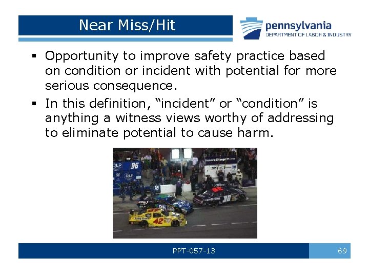 Near Miss/Hit § Opportunity to improve safety practice based on condition or incident with