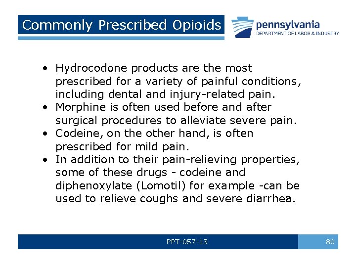 Commonly Prescribed Opioids • Hydrocodone products are the most prescribed for a variety of