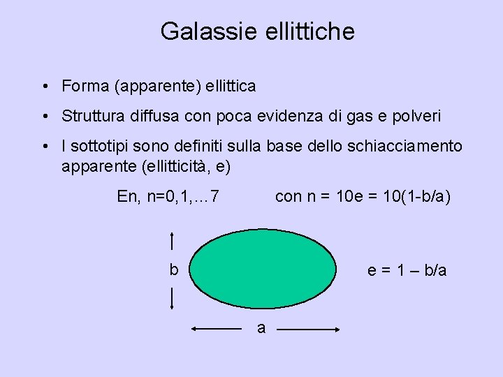 Galassie ellittiche • Forma (apparente) ellittica • Struttura diffusa con poca evidenza di gas