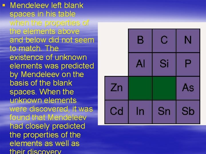 § Mendeleev left blank spaces in his table when the properties of the elements
