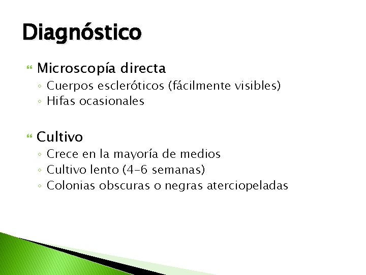 Diagnóstico Microscopía directa ◦ Cuerpos escleróticos (fácilmente visibles) ◦ Hifas ocasionales Cultivo ◦ Crece