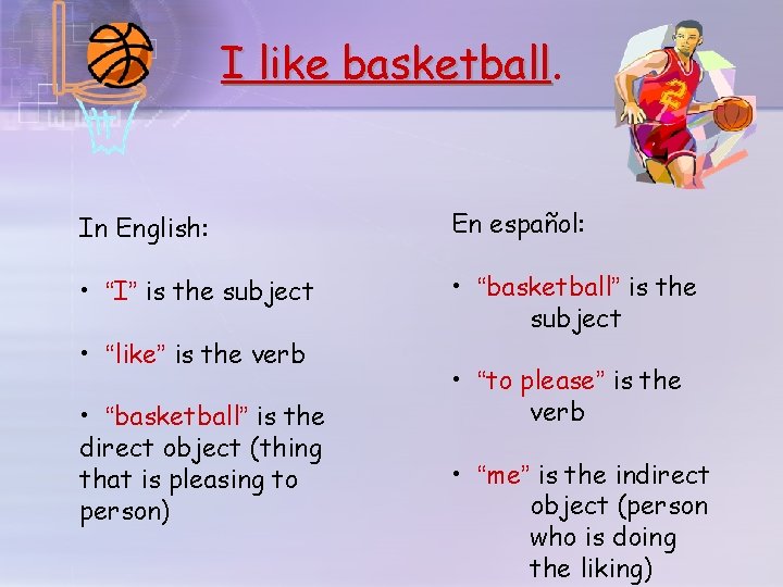 I like basketball In English: En español: • “I” is the subject • “basketball”