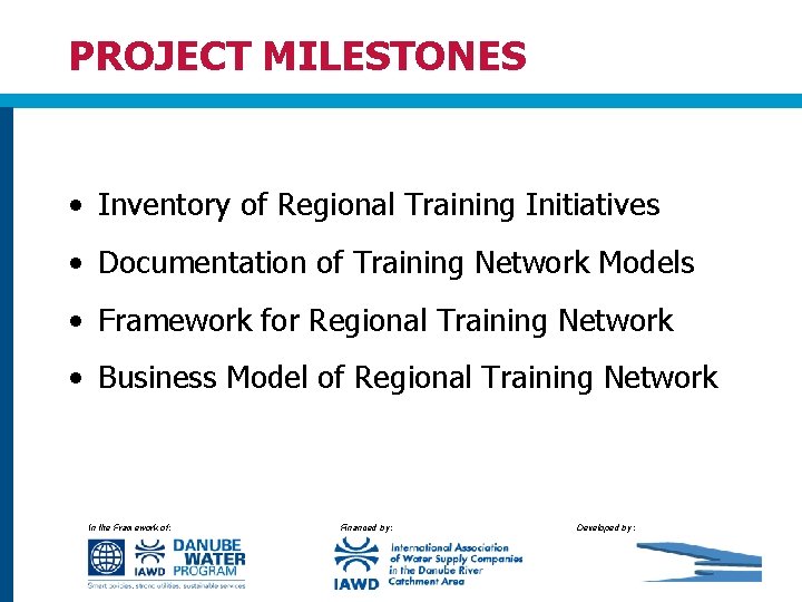 PROJECT MILESTONES • Inventory of Regional Training Initiatives • Documentation of Training Network Models