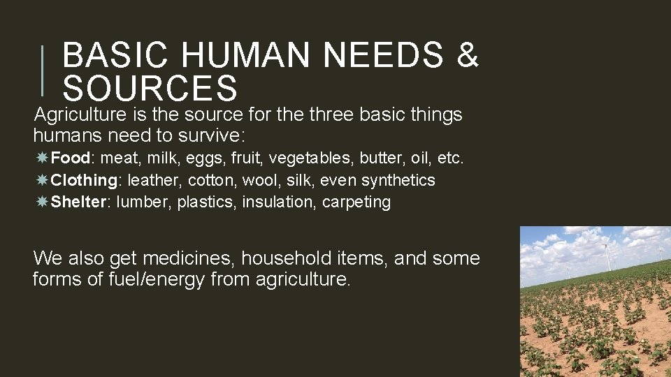 BASIC HUMAN NEEDS & SOURCES Agriculture is the source for the three basic things