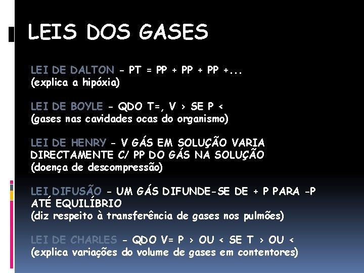 LEIS DOS GASES LEI DE DALTON - PT = PP +. . . (explica