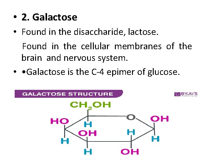  • 2. Galactose • Found in the disaccharide, lactose. Found in the cellular